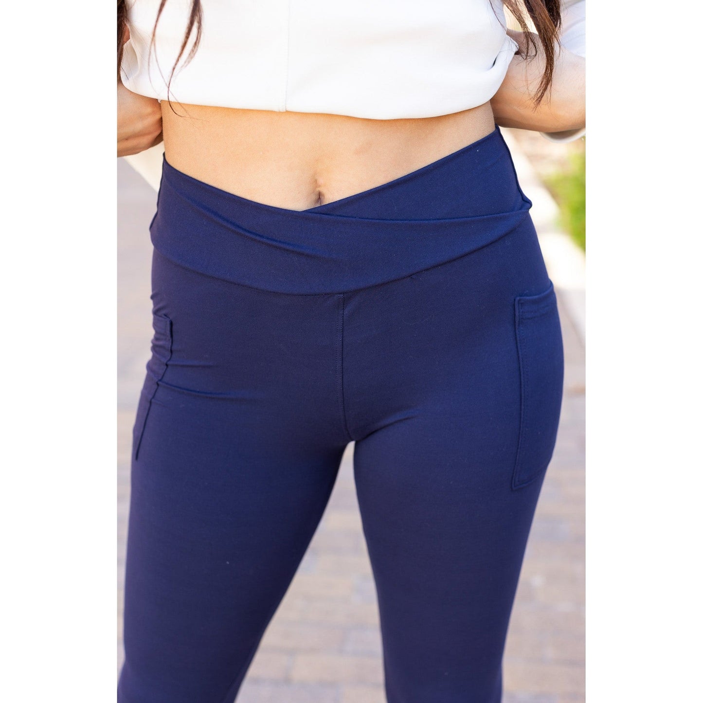 Nadia - NAVY Crossover Full Length Leggings with Pockets