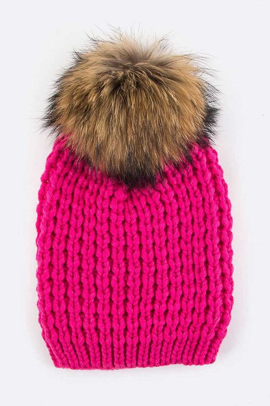 Raccoon Fur PomPom Beanie