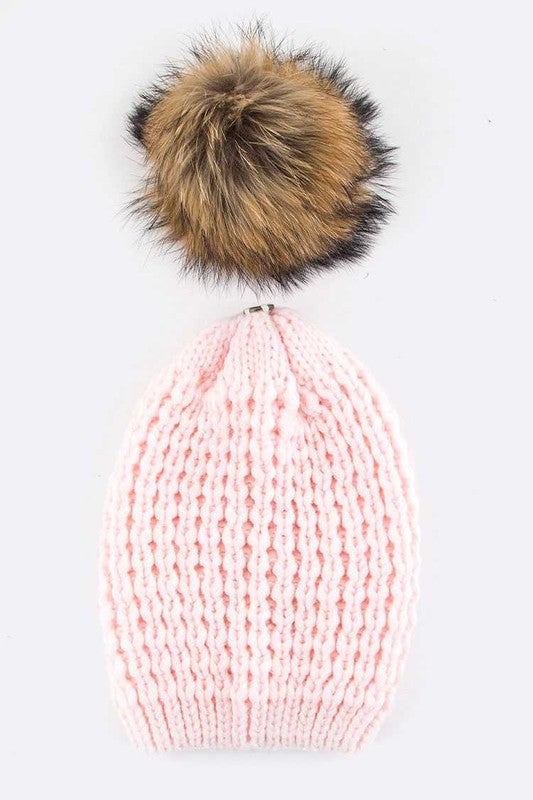 Raccoon Fur PomPom Beanie