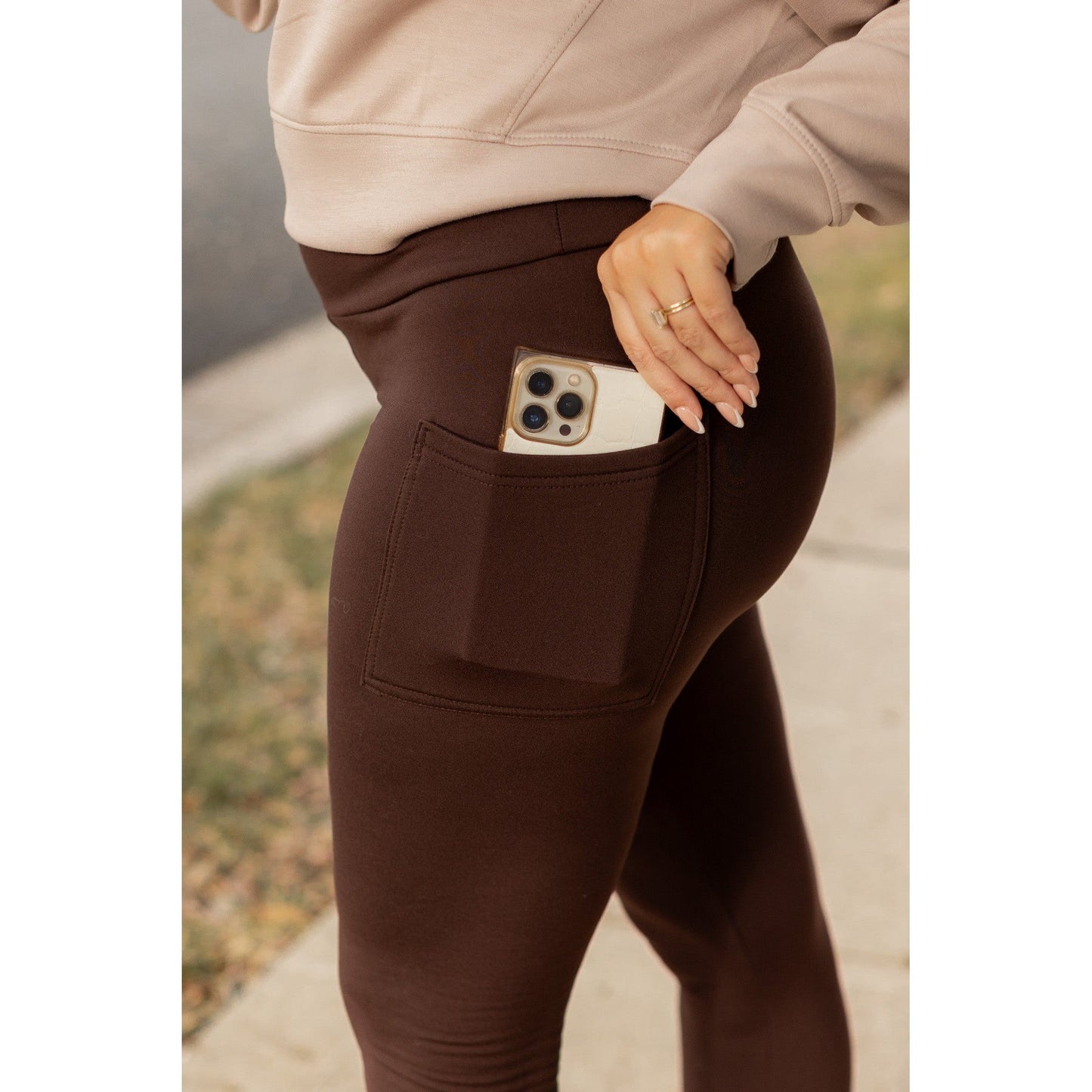 Belle - Brown Fleece Full Length Leggings with Pockets*