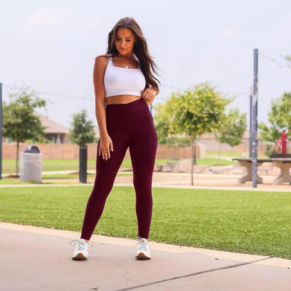 Molly - MAROON Crossover Full Length Leggings with Pockets