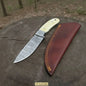 Handmade Damascus Skinner Knife 4” Blade Fixed Blade Bone Handle Leather Sheath